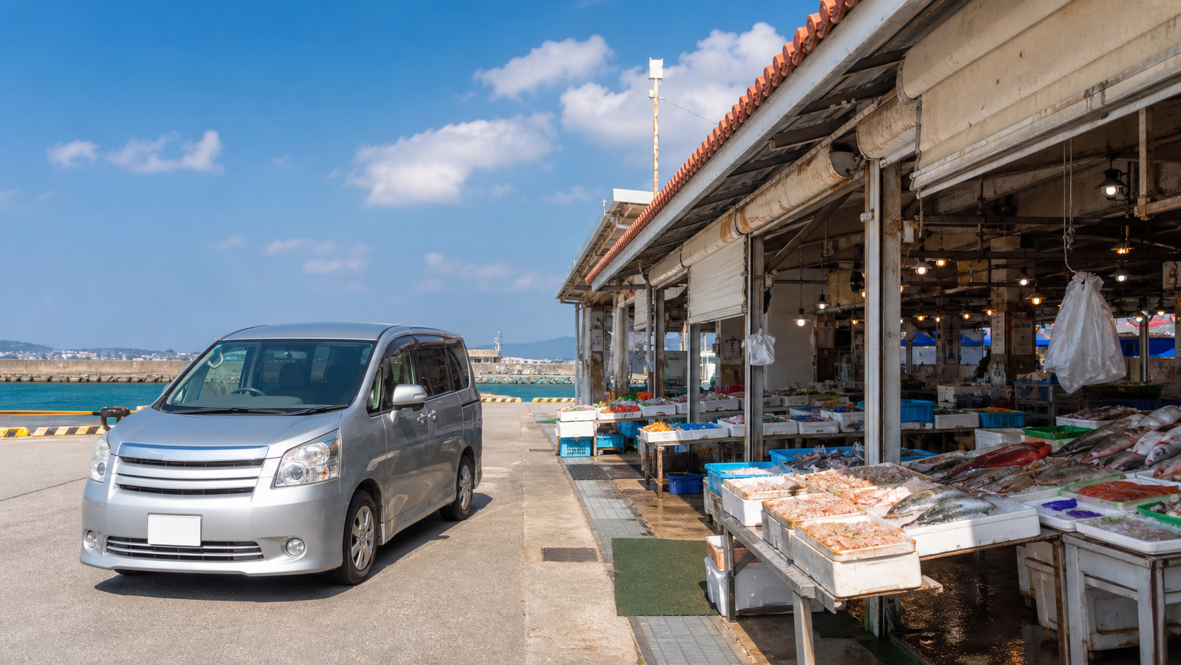沖縄の市場とレンタカー旅のイメージ