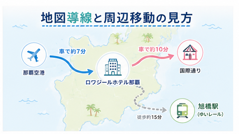 ロワジールホテル那覇の地図と周辺移動｜空港・国際通り・西海岸道路へのルート